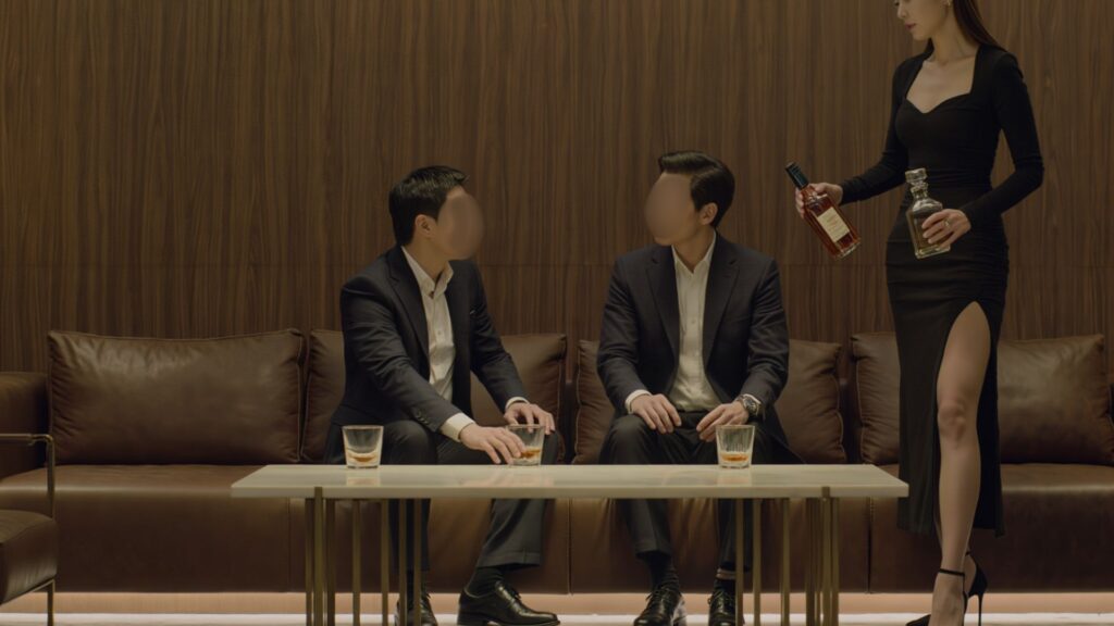 제주도 비즈니스룸 분위기의 A1 프리미엄 룸에서 정장을 입은 손님과 섹시한 드레스를 입은 호스트 여성