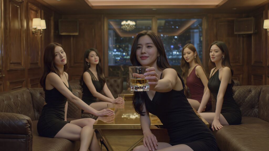 제주도 유흥 A1 룸싸롱에서 호스트 여성들이 손님을 맞이하는 고급 라운지 전경